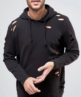 drawstring black distressed hoodie for men