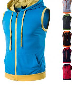 sport style two color sleeveless zipper hoodie for men