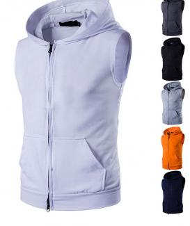 sport style single color sleeveless zipper hoodie for men