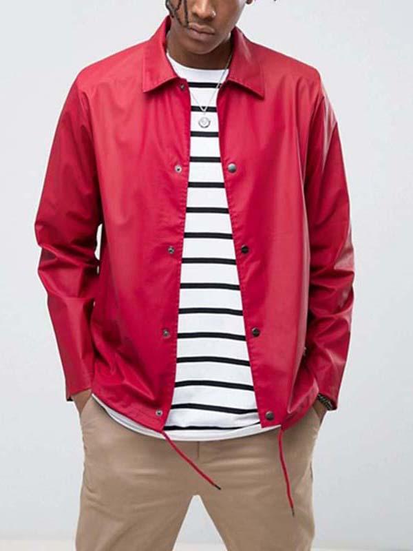 custom red coach jacket with pressed button placket